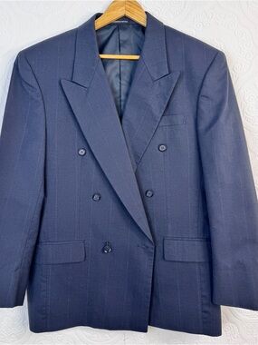 Pierre Balmain Blazer Vintage Men 40 R Double Breasted Peak Lapel Navy Pinstripe